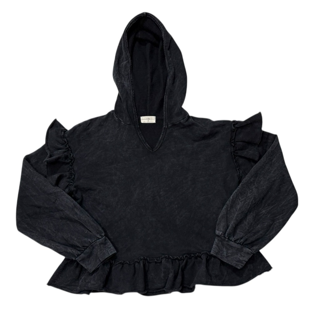 Anthropologie T.La Ruffle Hem Black‎ Ruffled charcoal Hoodie made in USA - Small